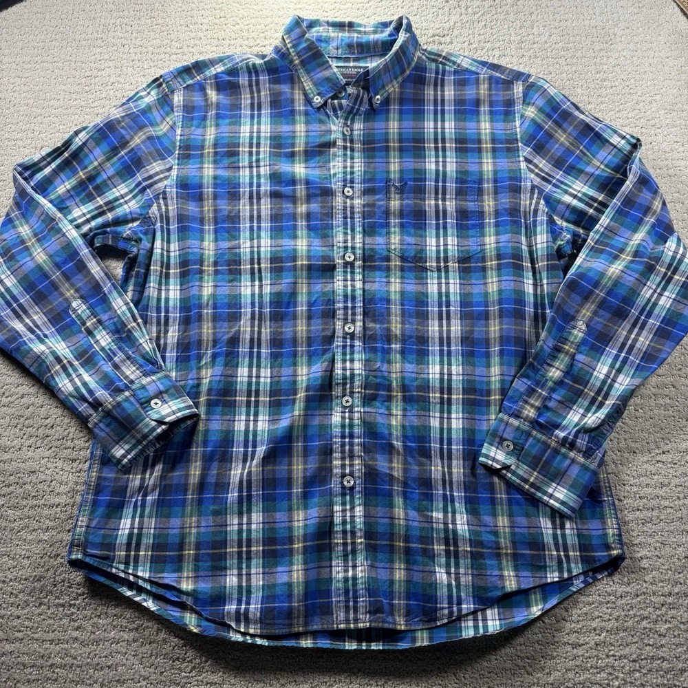 American Eagle Men's Athletic Fit‎ Button Down Shirt XL Blue Plaid Cotton